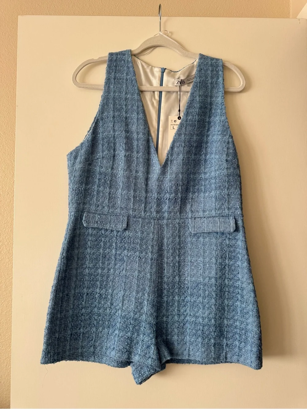 Zara Light Blue Tweed V-Neck Romper - Picture 2 of 4